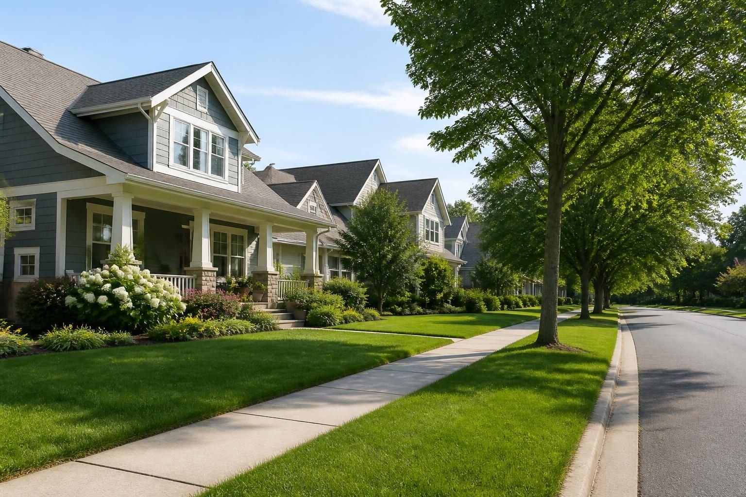 Quiet suburban road with well-maintained houses and open yards.