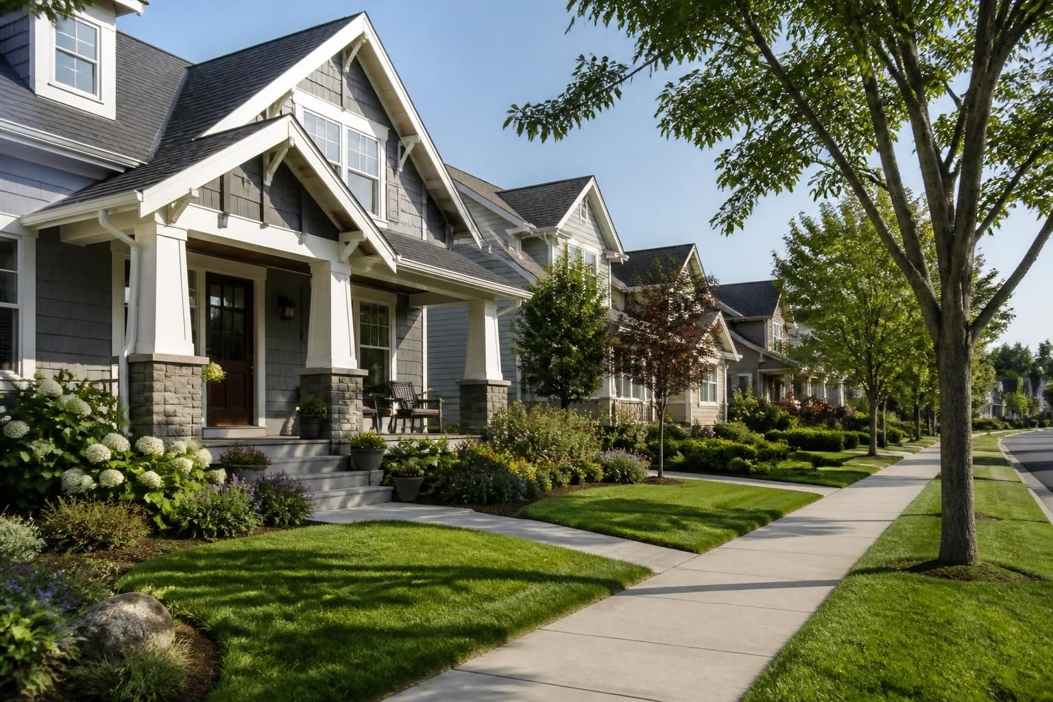 Peaceful residential street with well-kept homes and front yards.