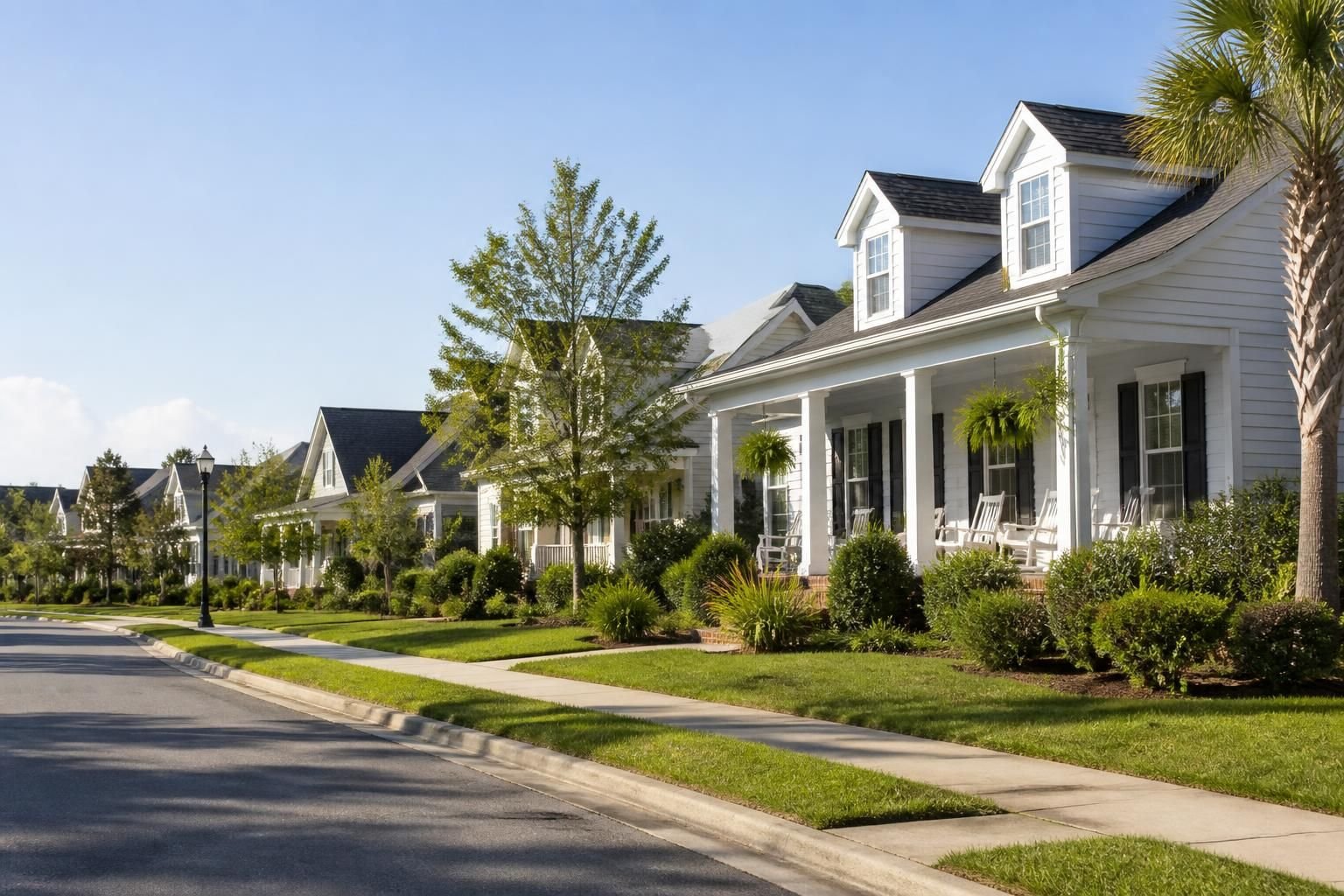 Quiet suburban neighborhood with attractive homes and greenery.