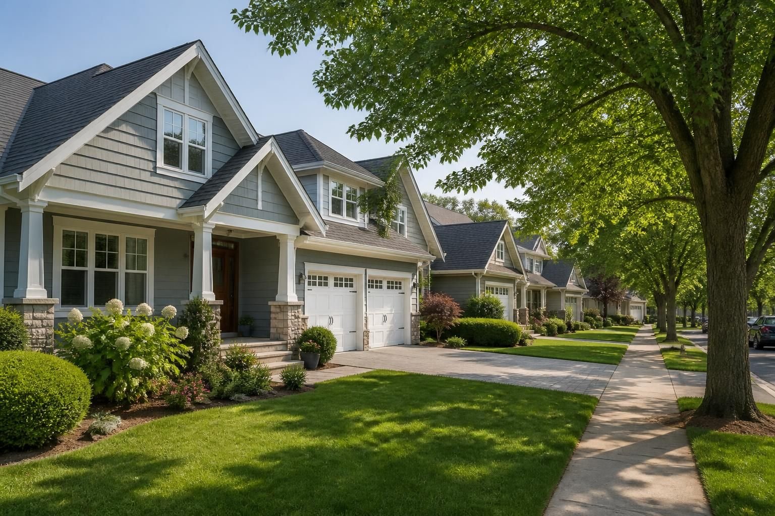Attractive suburban homes with tidy driveways and mature trees.