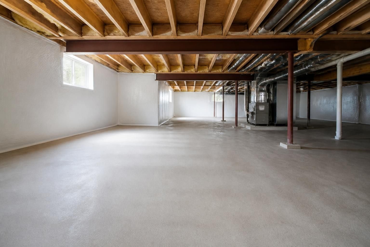 Dry finished basement with waterproofing and open space for text.