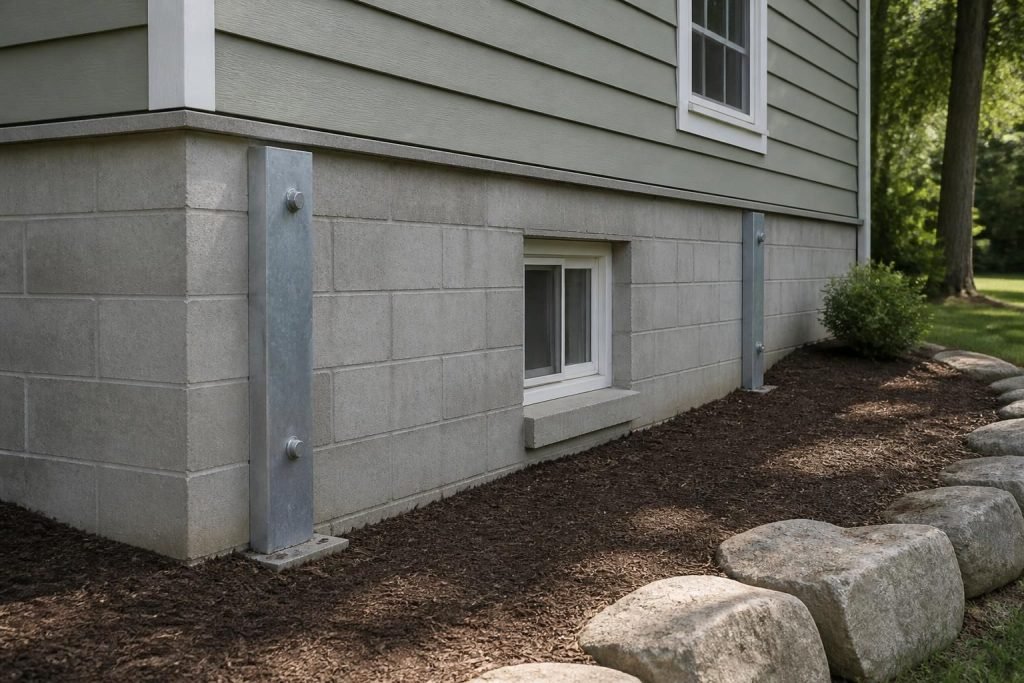 Wide view of a stabilized home foundation and dry basement exterior.