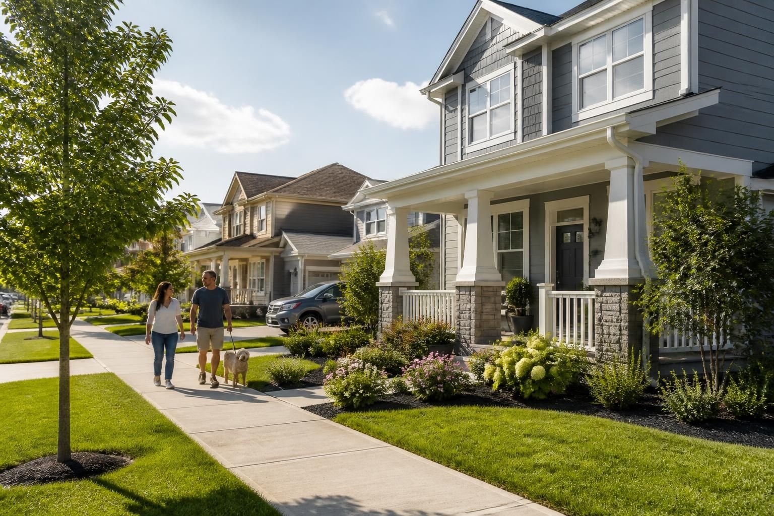 Suburban neighborhood with modern homes and landscaped yards.