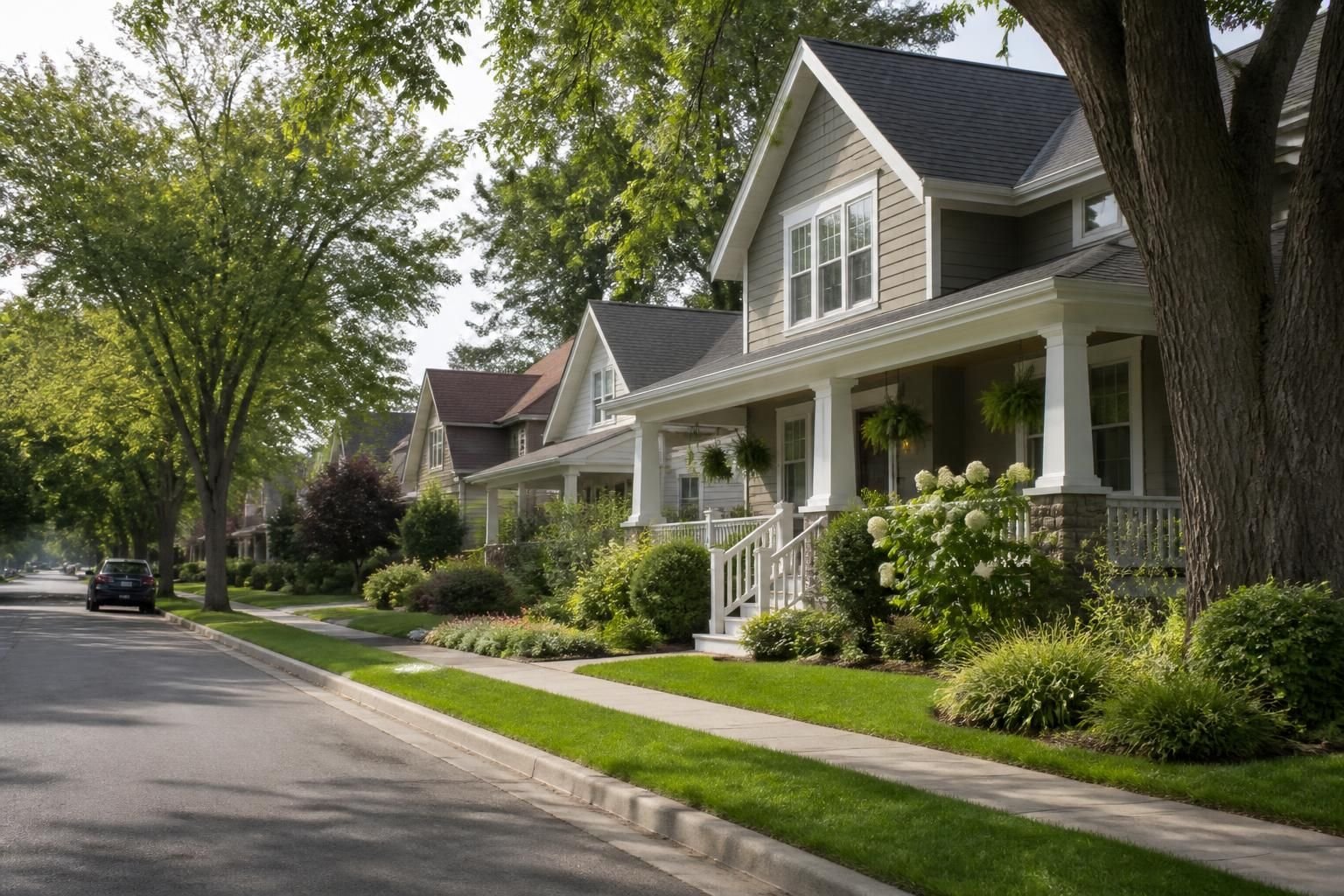 Calm suburban street with classic homes and landscaping.