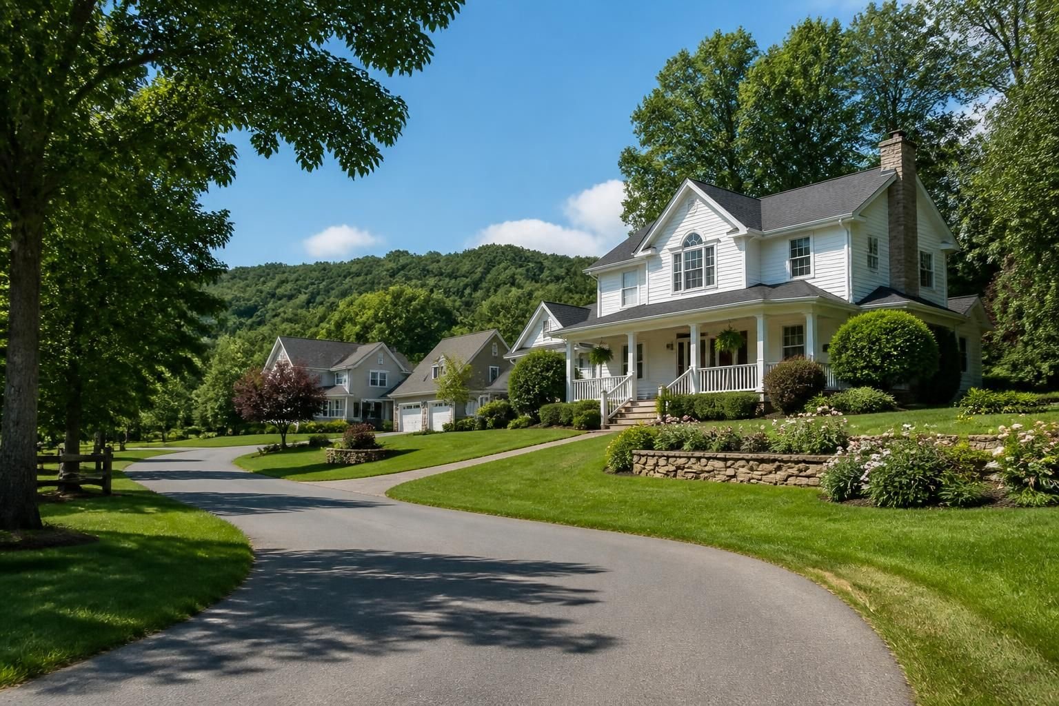 Spacious neighborhood with well-kept lawns and mature trees.