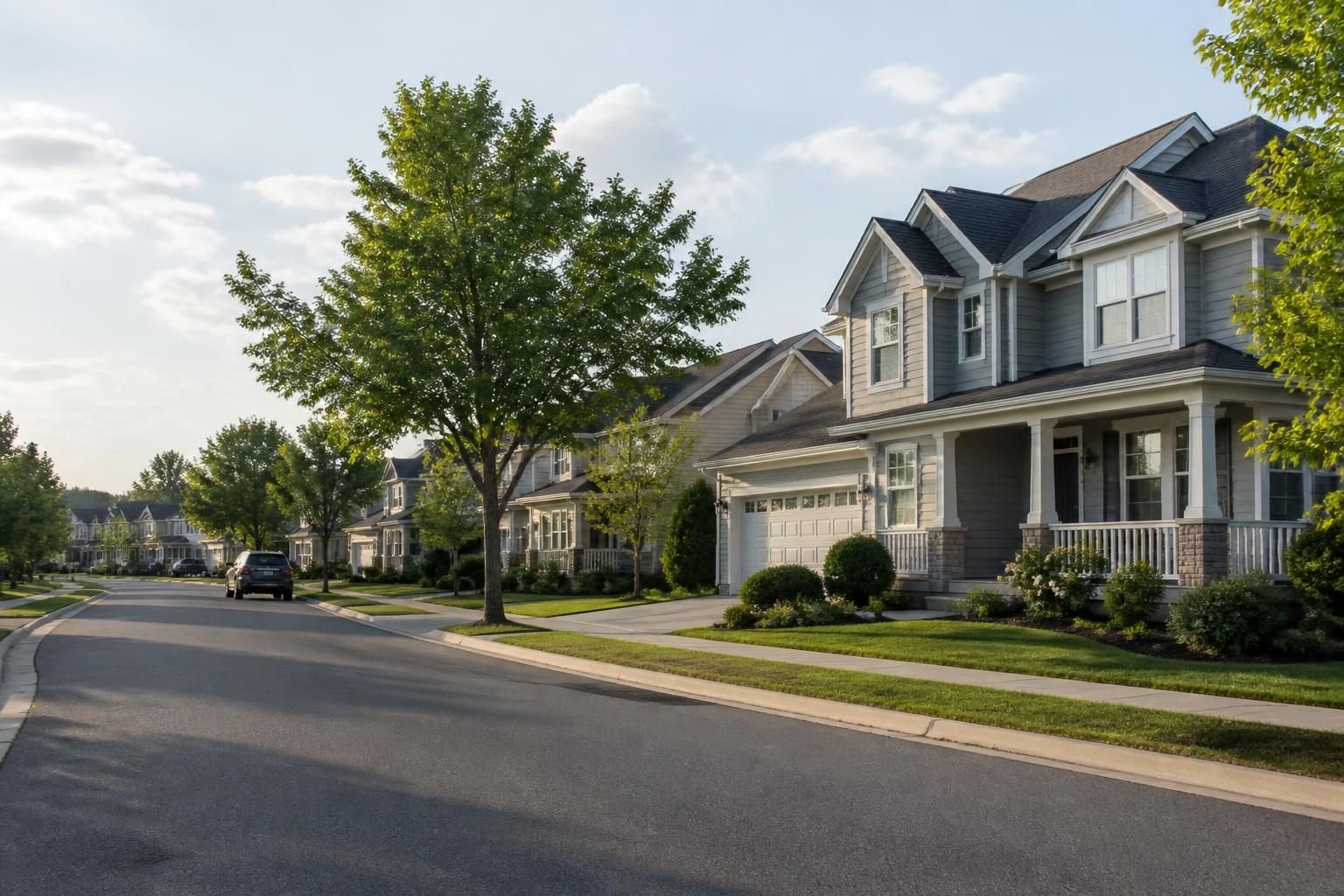 Tidy residential neighborhood with broad streets and homes.