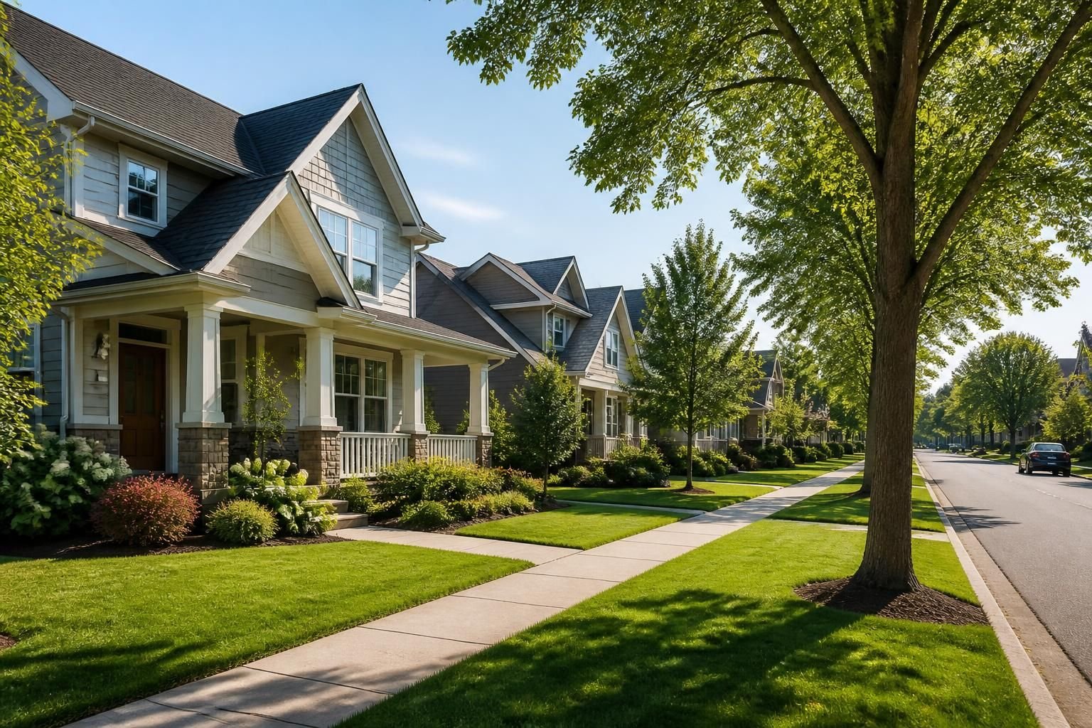 Calm residential street with neat homes and green lawns.