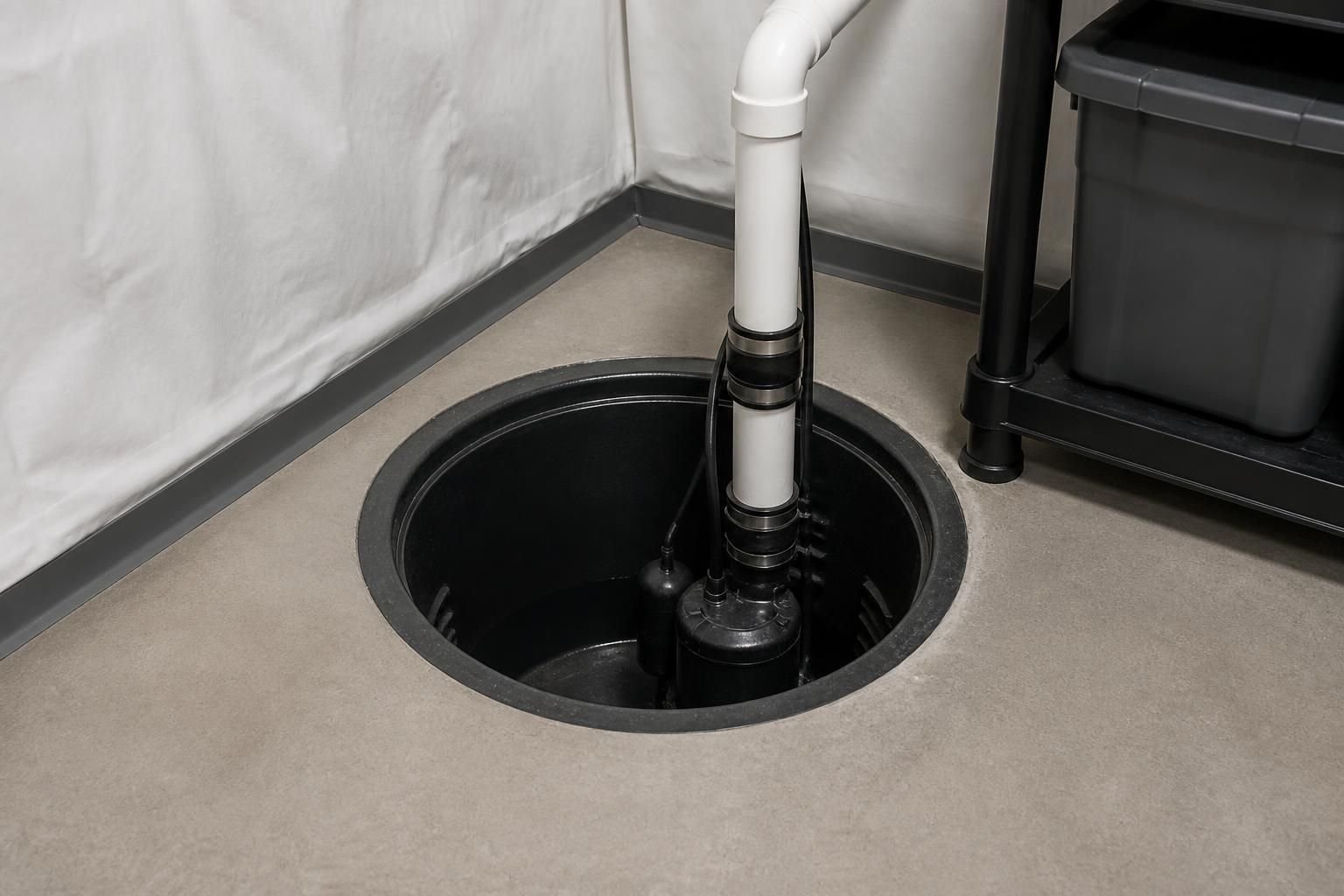 Finished sump pump basin in a clean dry basement.