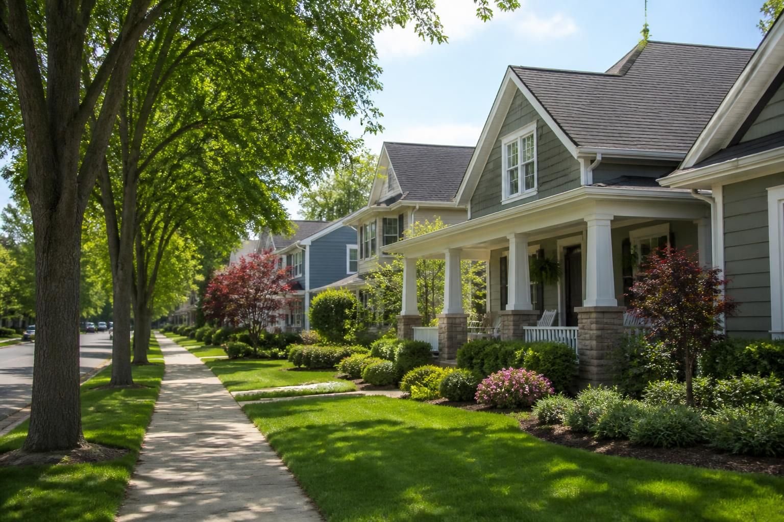 Tree-lined residential area with clean homes and sidewalks.